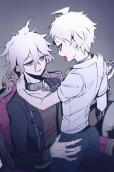 Rule 34 | 2boys, absurdres, ahoge, black jacket, black pants, chain, chained, collar, danganronpa (series), danganronpa another episode: ultra despair girls, eye contact, gradient background, green necktie, grey eyes, grey shirt, hair between eyes, hand on another&#039;s hip, highres, hinata hajime, hinata hajime (awakened), jacket, komaeda nagito, long sleeves, looking at another, male focus, messy hair, metal collar, multiple boys, necktie, official alternate costume, open clothes, open jacket, pants, red shirt, servant (danganronpa), shirt, short hair, short sleeves, sitting, sitting on lap, sitting on person, striped clothes, striped shirt, tongue, tongue out, yaoi, ziling