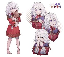 Rule 34 | 1girl, aged down, alternate universe, blush, braid, bruise, byuub, closed eyes, closed mouth, dress, edelgard von hresvelg, fire emblem, fire emblem: three houses, hair ornament, injury, long hair, long sleeves, looking at viewer, nintendo, open mouth, purple eyes, scar, simple background, smile, solo, stuffed animal, stuffed toy, teddy bear, white hair