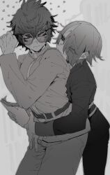 Rule 34 | 2boys, arms around waist, behind another, belt, blush, clenched hand, commentary request, cowboy shot, eye visible through hair, fist up, furrowed brow, glasses, greyscale, hair between eyes, hair over one eye, half-closed eyes, hand up, heart, highres, holding, holding paper, long sleeves, looking at another, looking back, male focus, master detective archives: rain code, messy hair, monochrome, multiple boys, na 6, pants, paper, shirt, short hair, sweat, yaoi, yomi hellsmile, zilch alexander