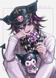 Rule 34 | 1boy, :d, artist name, black hair, black headwear, black scarf, blush, buttons, candy, checkered clothes, checkered scarf, danganronpa (series), danganronpa v3: killing harmony, demon tail, feet out of frame, food, grey jacket, grey pants, hair between eyes, highres, holding, holding candy, holding food, holding lollipop, jacket, kuromi, lollipop, long sleeves, male focus, multicolored hair, oma kokichi, onegai my melody, open mouth, pants, pink eyes, pink hair, sanrio, scarf, simple background, sitting, smile, solo, tail, teeth, two-tone hair, two-tone scarf, upper teeth only, white background, white scarf, yumezu (yu me zu)