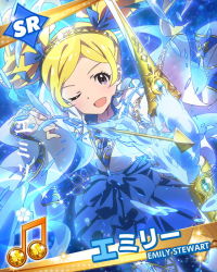 Rule 34 | 10s, 1girl, arrow (projectile), blonde hair, bow (weapon), character name, character signature, detached sleeves, dress, emily stewart, emily stuart, hairband, idolmaster, idolmaster million live!, long hair, looking at viewer, musical note, official art, one eye closed, purple eyes, signature, smile, twintails, underwater, weapon, wink