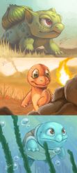 Rule 34 | algae, all fours, blue skin, blue sky, brown eyes, bubble, bulbasaur, charmander, closed mouth, colored skin, commentary, creatures (company), desert, fire, game freak, gen 1 pokemon, grass, green skin, happy, highres, looking away, looking to the side, looking up, nintendo, no humans, orange skin, plump, pokemon, pokemon (creature), pokemon rgby, red eyes, rock, sky, smile, squirtle, standing, starter pokemon trio, swimming, twarda8, underwater