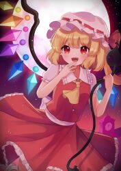 Rule 34 | 1girl, ascot, blonde hair, fang, flandre scarlet, frills, hat, highres, laevatein (touhou), mob cap, moon, multicolored wings, nene man, open mouth, red eyes, red skirt, skirt, solo, touhou, white hat, wings, yellow ascot