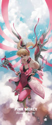 Rule 34 | 1girl, 21yc (september breeze), alternate hairstyle, artist name, bare shoulders, character name, day, detached sleeves, dress, halterneck, highres, looking at viewer, mechanical wings, mercy (overwatch), midair, official alternate costume, overwatch, overwatch 1, pink dress, pink mercy, pink ribbon, ribbon, sky, smile, solo, staff, twintails, wings