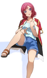 Rule 34 | 1girl, :o, bad id, bad pixiv id, blue shirt, blue shorts, bokura no live kimi to no life, bracelet, collarbone, denim, denim shorts, hand on own chest, highres, icehotmilktea, invisible chair, jacket, jacket on shoulders, jewelry, knee up, looking at viewer, love live!, love live! school idol project, nishikino maki, purple eyes, red hair, red jacket, sandals, shirt, short hair, short sleeves, shorts, sitting, toes