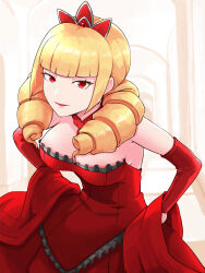Rule 34 | 1girl, blonde hair, dress, elbow gloves, gloves, highres, red dress, red eyes, rose bernstein, snk, solo, the king of fighters