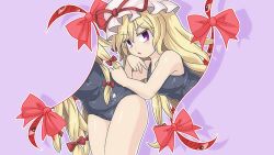 Rule 34 | 1girl, alternate costume, blonde hair, blush, commentary request, gap (touhou), hair ribbon, hand on own hip, hat, hat ribbon, long hair, looking at viewer, mob cap, open mouth, purple background, purple eyes, red ribbon, ribbon, sidelocks, simple background, solo, swimsuit, thighs, touhou, tress ribbon, v-shaped eyebrows, white hat, winn, yakumo yukari