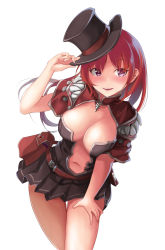 Rule 34 | 1girl, bag, black dress, blush, breasts, capelet, cleavage, contrapposto, cowboy shot, creator (ragnarok online), dress, hand on headwear, hand on own thigh, hat, hat tip, highres, jaws, leaning forward, leaning to the side, lips, long hair, looking to the side, medium breasts, navel, parted lips, pleated skirt, plunging neckline, purple eyes, ragnarok online, red hair, sail (sail-away), short dress, simple background, skirt, sleeveless, smile, solo, spiral, strapless, strapless dress, thigh gap, top hat, white background