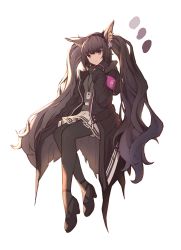 Rule 34 | 1girl, animal ear fluff, animal ears, arknights, armband, black footwear, black hair, black jacket, black pantyhose, closed mouth, color guide, commentary request, full body, fur-trimmed jacket, fur trim, grey sweater, hair between eyes, hand up, high heels, highres, jacket, long hair, long sleeves, looking at viewer, monch (arknights), open clothes, open jacket, pantyhose, pleated skirt, purple eyes, shoes, simple background, skirt, sleeves past wrists, solo, sweater, turtleneck, turtleneck sweater, twintails, very long hair, white background, white skirt, xx 3752