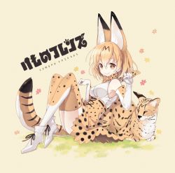 Rule 34 | 10s, 1girl, animal, animal ears, animal print, bare shoulders, black ribbon, blonde hair, boots, bow, bowtie, breasts, brown hair, cat ears, cat tail, closed mouth, copyright name, elbow gloves, footwear ribbon, full body, gloves, grass, high-waist skirt, high heels, kemono friends, leopard print, looking at viewer, medium breasts, multicolored hair, paw pose, rednian, ribbon, ribbon-trimmed skirt, ribbon trim, serval, serval (kemono friends), serval print, serval tail, shirt, shoes, short hair, skirt, sleeveless, sleeveless shirt, smile, streaked hair, tail, thighhighs, whiskers, white footwear, white shirt, yellow eyes, zettai ryouiki
