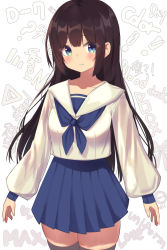 Rule 34 | 1girl, text background, bad id, bad pixiv id, blue eyes, blue neckerchief, blue skirt, blush, brown hair, collarbone, grey thighhighs, heart, highres, long hair, long sleeves, looking at viewer, neckerchief, original, parted lips, pleated skirt, puffy long sleeves, puffy sleeves, sailor collar, school uniform, serafuku, shirt, skindentation, skirt, sleeves past wrists, smile, solo, thighhighs, very long hair, w.k, white background, white sailor collar, white shirt