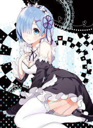 Rule 34 | 10s, 1girl, apron, black footwear, blue eyes, blue hair, breasts, cleavage, collar, detached collar, detached sleeves, dress, flower, frilled collar, frilled dress, frills, garter straps, hair flower, hair ornament, hair over one eye, hair ribbon, hand on own chest, large breasts, looking at viewer, lying, maid, maid headdress, mary janes, matching hair/eyes, on side, puffy sleeves, purple ribbon, re:zero kara hajimeru isekai seikatsu, rem (re:zero), ribbon, shoes, short hair, solo, thighhighs, thighs, waist apron, white flower, white thighhighs, x hair ornament, yuzuki kihiro