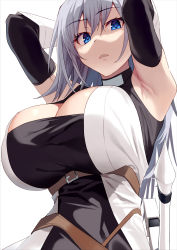 Rule 34 | 1girl, absurdres, armpits, arms behind head, arms up, bare shoulders, belt, black dress, black gloves, black thighhighs, blue eyes, blush, breasts, cleavage, dress, elbow gloves, gloves, grey hair, highres, large breasts, long hair, looking at viewer, open mouth, s-rank boukensha de aru ore no musume tachi wa juudo no fathercon deshita, shaded face, shunichi, solo, sword, thighhighs, two-tone dress, weapon, white dress