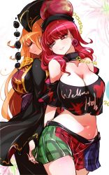 Rule 34 | 2girls, bare shoulders, blonde hair, breasts, chain, choker, cleavage, closed eyes, clothes writing, collarbone, commentary request, cowboy shot, crop top, english text, engrish text, floral print, flower, gold chain, hecatia lapislazuli, highres, holding hands, junko (touhou), large breasts, long hair, looking at another, midriff, miniskirt, multicolored clothes, multicolored skirt, multiple girls, navel, off-shoulder shirt, off shoulder, one-hour drawing challenge, pointy ears, ranguage, raptor7, red hair, ribbon, shirt, skirt, smile, tassel, touhou, white background, wide sleeves, yuri