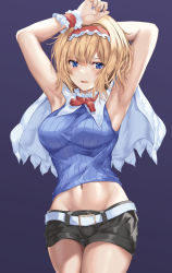 Rule 34 | 1girl, adapted costume, alice margatroid, alternate costume, armpits, arms up, ascot, belt, blonde hair, blue background, blue eyes, blue shirt, breasts, capelet, hairband, kaeranu kaeru, large breasts, lolita hairband, midriff, navel, red ascot, red hairband, shirt, short hair, shorts, simple background, sleeveless, solo, touhou, white capelet