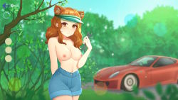 Rule 34 | 1girl, animal ears, artist request, blush, breasts, brown eyes, brown hair, car, cat ears, copyright request, eastasiasoft, forest, game cg, lens flare, looking at viewer, medium breasts, medium hair, motor vehicle, nature, neko secret room, nipples, screencap, shorts, solo, sports car, standing, sun visor, tagme, topless, toppless