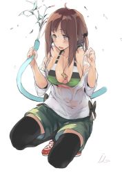 Rule 34 | 1girl, ahoge, artist name, bikini, bikini top only, black thighhighs, blush, breasts, breasts apart, brown eyes, brown hair, collarbone, copyright request, cross, cross necklace, fang, full body, green shorts, holding, hose, iizuka izu, jewelry, latin cross, medium breasts, necklace, open mouth, red footwear, shirt, shoes, shorts, simple background, solo, squatting, striped bikini, striped bikini top, striped clothes, swimsuit, thighhighs, water, wet, wet clothes, wet shirt, white background, white shirt