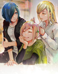 Rule 34 | 3girls, arm support, black jacket, blonde hair, blue eyes, blue hair, blurry, blurry background, closed eyes, closed mouth, collared shirt, fueguchi hinami, hair ornament, hairclip, highres, jacket, kirishima touka, kyuuba melo, long hair, long sleeves, looking at another, mado akira, multiple girls, open clothes, open jacket, parted lips, pink hair, shirt, short hair, teeth, tokyo ghoul, tokyo ghoul:re, white shirt, yellow eyes