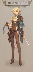 Rule 34 | 1girl, armor, black gloves, blonde hair, bodysuit, braid, breasts, cape, cleavage, elf, english text, fantasy, gloves, green eyes, high heels, highres, holding, holding knife, holding sword, holding weapon, knife, long pointy ears, looking at viewer, medium breasts, ombre t, original, pointy ears, sheath, sheathed, shrug (clothing), single glove, skin tight, solo, standing, sword, tachi-e, weapon