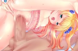 Rule 34 | 1boy, 1girl, :o, ahoge, aqua eyes, bed sheet, bent over, blonde hair, blush, breasts, bridal gauntlets, censored, dark skin, dark-skinned male, dutch angle, erection, closed eyes, fat mons, flower knight girl, from below, game cg, gem, girl on top, hair ornament, hair scrunchie, half-closed eyes, hetero, indoors, kneepits, long hair, looking at viewer, lying, mosaic censoring, nipples, nude, official art, on back, on bed, open mouth, penis, polka dot, pussy, saliva, blue gemstone, scrunchie, sex, small breasts, solo focus, spread legs, strelitzia (flower knight girl), sweat, testicles, two side up, vaginal