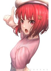Rule 34 | 1girl, absurdres, arima kana, beret, bob cut, hat, highres, inverted bob, looking at viewer, open mouth, oshi no ko, pink shirt, ra torens, red eyes, red hair, shirt, short hair, simple background, solo, upper body, white background