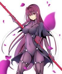 Rule 34 | 1girl, bodysuit, breasts, covered navel, fate/grand order, fate (series), gae bolg (fate), highres, holding, holding weapon, long hair, looking at viewer, medium breasts, parted lips, petals, purple bodysuit, purple eyes, purple hair, scathach (fate), scathach (fate), simple background, smile, solo, tetsu (excalibur920), weapon, white background