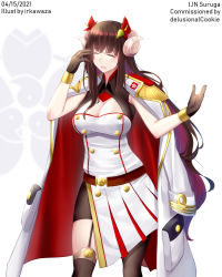 Rule 34 | 1girl, 2021, aiguillette, artist name, asymmetrical legwear, azur lane, black gloves, breasts, brown hair, buttons, character name, cleavage cutout, clothing cutout, coat, coat on shoulders, curled horns, double-breasted, epaulettes, closed eyes, flower, garter straps, gloves, hair flower, hair ornament, highres, horns, irkawaza, large breasts, long hair, open clothes, open coat, pleated skirt, red skirt, sakura empire (emblem), sakuramon, simple background, skirt, solo, suruga (azur lane), two-tone skirt, uneven legwear, very long hair, white background, white coat, white skirt
