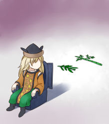 Rule 34 | 1girl, bamboo, black hat, blonde hair, boots, brown hat, cape, chair, commentary request, constellation, constellation print, detached sleeves, gradient background, green skirt, grey background, grey footwear, hat, highres, long hair, long sleeves, looking to the side, matara okina, no eyes, no mouth, orange cape, plant, purple background, shadow, shirt, sitting, skirt, solo, tabard, tanabata, techi (techi35499), touhou, white background, white shirt, wide sleeves