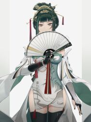 Rule 34 | 1girl, absurdres, armored gloves, artist name, black thighhighs, blunt bangs, bracelet, breasts, brown eyes, calligraphy, chinese clothes, chinese commentary, chinese hairpin, commentary, covering own mouth, cowboy shot, detached sleeves, dress, elbow gloves, fingerless gloves, floral print dress, folding fan, gloves, green hair, green nails, hair ornament, hairclip, hairpin, hand fan, hand fan writing, hanying (punishing: gray raven), high-low skirt, highres, holding, holding fan, jewelry, looking at viewer, medium breasts, mole, mole under eye, nail polish, outside border, pillarboxed, punishing: gray raven, short dress, side slit, sidelocks, solo, straight-on, tassel, thighhighs, tkhalloween, two-sided fabric, updo, white background, white dress, white sleeves, wide sleeves, zettai ryouiki
