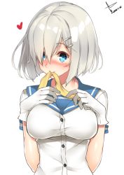 Rule 34 | 10s, 1girl, 2016, blue eyes, blush, breast suppress, breasts, buttons, dated, gloves, hair ornament, hairclip, hamakaze (kancolle), heart, kantai collection, large breasts, mouth hold, ribbon, school uniform, serafuku, short hair, short sleeves, signature, silver hair, simple background, smile, solo, untied, upper body, white background, white gloves, yappen, yatsu (sasuraino), yellow ribbon