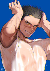 Rule 34 | 1boy, arms up, bara, black hair, blue background, brown eyes, covered erect nipples, facial scar, golden kamuy, hands on own head, large pectorals, looking at viewer, male focus, muscular, muscular male, onnomono, pectorals, scar, scar on arm, scar on cheek, scar on face, scar on mouth, scar on nose, see-through, shirt, short hair, smile, solo, sugimoto saichi, teeth, upper body, wet, wet clothes, wet hair, wet shirt, white shirt