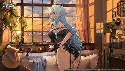 Rule 34 | 1girl, adjusting clothes, adjusting panties, ass, azur lane, black bra, black panties, black shirt, black thighhighs, blush, bookshelf, bra, breasts, commentary, cookie, copyright name, copyright notice, couch, cowboy shot, crop top, cup, curtains, ear piercing, food, from behind, fur pillow, garter belt, garter straps, grey hair, highres, indoors, lace, lace-trimmed panties, lace trim, lamp, large breasts, lens flare, logo, long hair, looking at viewer, looking back, manjuu (azur lane), official alternate costume, official art, panties, parted lips, picture frame, piercing, pillow, plant, plate, potted plant, red eyes, second-party source, see-through, shirt, solo, sssong aa, standing, strap slip, sunset, tallinn (azur lane), tallinn (nostalgic pilsner) (azur lane), teacup, thighhighs, underwear, watermark, window