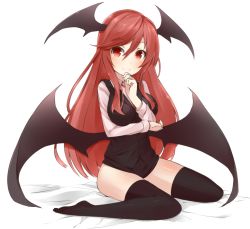 Rule 34 | 1girl, bad id, bad pixiv id, bat wings, bed sheet, black thighhighs, bottomless, breasts, demon wings, dress shirt, female focus, hand on own chin, head wings, koakuma, long hair, long sleeves, looking at viewer, low wings, muttan (ashiru-f), red eyes, red hair, shirt, simple background, sitting, skirt, skirt set, smile, solo, thighhighs, touhou, very long hair, vest, wariza, white background, wings