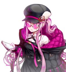 Rule 34 | 1girl, cape, discat, fate/grand order, fate (series), hat, highres, holding, holding phone, long hair, medusa (fate), medusa (saber) (fate), phone, pink-tinted eyewear, pink hair, purple eyes, round eyewear, serious, simple background, solo, sunglasses, tinted eyewear, very long hair, white background