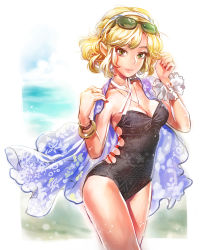 Rule 34 | 1girl, alternate costume, blonde hair, blush, bracelet, breasts, casual one-piece swimsuit, cleavage, eyewear on head, green eyes, jewelry, lips, looking at viewer, matsuda (matsukichi), mizuhashi parsee, necklace, one-piece swimsuit, pointy ears, print swimsuit, short hair, smile, solo, sunglasses, swimsuit, touhou