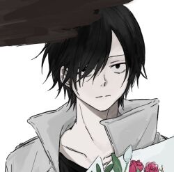 Rule 34 | 1boy, black hair, black shirt, black undershirt, bouquet, choujin x, collar, collared jacket, flower, hair over one eye, high collar, holding, holding bouquet, holding flower, jacket, kurohara tokio (choujin x), looking at viewer, open clothes, open jacket, pink flower, pink rose, rokuen skd, rose, shirt, simple background, small pupils, undershirt, white background, white collar, white jacket