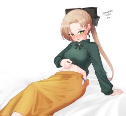 Rule 34 | 1girl, absurdres, akigumo (kancolle), brown hair, clothes lift, dated, feet out of frame, green eyes, hair ribbon, highres, kantai collection, long hair, looking at viewer, maru (marg0613), official alternate costume, one-hour drawing challenge, orange skirt, ponytail, ribbon, simple background, sitting, skirt, solo, sweater, sweater lift, twitter username, white background