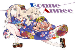 Rule 34 | 1girl, andou (girls und panzer), azumi (girls und panzer), bc freedom (emblem), bc freedom military uniform, blonde hair, blue kimono, bread, brown footwear, character doll, closed mouth, commentary, crown, doll, drill hair, emblem, food, fork, french text, furisode, girls und panzer, green eyes, happy new year, highres, holding, holding fork, inou takashi, japanese clothes, kimono, long hair, long sleeves, looking at viewer, marie (girls und panzer), new year, no socks, obi, oshida (girls und panzer), print kimono, sandals, sash, selection university military uniform, simple background, smile, solo, squatting, translated, white background