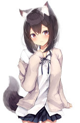 Rule 34 | 1girl, absurdres, animal ear fluff, animal ears, black hair, black ribbon, black skirt, blush, brown cardigan, cardigan, closed mouth, collared shirt, commentary request, dress shirt, hair between eyes, hair ornament, hairclip, hand up, head tilt, highres, long sleeves, looking at viewer, mayogii, neck ribbon, open cardigan, open clothes, original, pleated skirt, red eyes, ribbon, shirt, simple background, skirt, sleeves past wrists, solo, tail, tail raised, white background, white shirt, x hair ornament