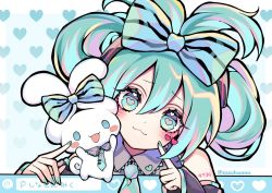 Rule 34 | 1girl, alternate hairstyle, animal, animal ears, arms up, bare shoulders, blue background, blue bow, blue eyes, blue hair, blue nails, blue necktie, blue theme, blush, border, bow, cinnamiku, cinnamoroll, closed mouth, collared shirt, colored skin, commentary request, detached sleeves, ear bow, fingernails, gradient background, grey shirt, hair between eyes, hair bow, hair ornament, hands up, hatsune miku, heart, heart in eye, heart print, kyouda suzuka, long fingernails, long sleeves, multicolored hair, nail polish, necktie, open mouth, outside border, pink hair, pointing, rabbit, rabbit ears, rabbit tail, sanrio, shirt, short hair, smile, striped, striped bow, symbol in eye, tail, translation request, twitter username, upper body, vocaloid, white border, white skin, wide sleeves