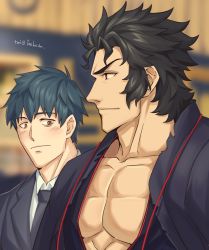 Rule 34 | 2boys, absurdres, black kimono, blush, breast envy, fate/grand order, fate (series), formal, from side, highres, hijikata toshizou (fate), japanese clothes, kimono, looking at another, male focus, mature male, meme, multiple boys, muscle envy, muscular, muscular male, open clothes, open kimono, pectoral cleavage, girl staring at guys chest (meme), pectoral focus, pectorals, saitou hajime (fate), short hair, upper body, yaekaidou, yaoi