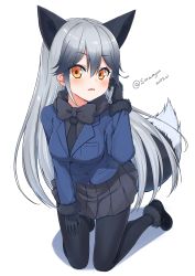 Rule 34 | 10s, 1girl, 2017, animal ears, black gloves, black neckwear, black skirt, blue jacket, breasts, dated, extra ears, fox ears, fox tail, fur-trimmed sleeves, fur trim, gloves, highres, jacket, kemono friends, large breasts, long hair, looking at viewer, multicolored hair, open mouth, pantyhose, silver fox (kemono friends), simple background, sitting, skirt, solo, tail, takanashi sora (soramyon), twitter username, white background, yellow eyes