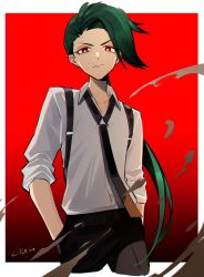 Rule 34 | 1girl, androgynous, aqua hair, black necktie, bright pupils, closed mouth, collared shirt, cowboy shot, creatures (company), dress shirt, earrings, eyes visible through hair, flat chest, frown, game freak, hands in pockets, highres, jewelry, lauliu, long hair, multiple earrings, necktie, nintendo, pokemon, pokemon sv, ponytail, red eyes, reverse trap, rika (pokemon), shirt, sleeves past elbows, solo, suspenders, v-shaped eyebrows, white pupils, white shirt