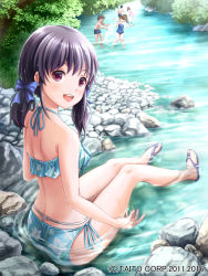 Rule 34 | 2boys, 3girls, :d, bikini, black hair, blue bikini, blue footwear, brown hair, bush, dated, day, floral print, highres, ilog, looking at viewer, multiple boys, multiple girls, official art, one-piece swimsuit, open mouth, outdoors, pink one-piece swimsuit, plant, ponytail, purple eyes, sandals, short twintails, side-tie bikini bottom, sitting, smile, solo focus, splashing, swimsuit, twintails, uchida masahiro