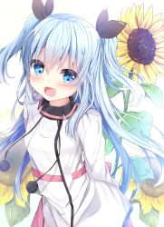 Rule 34 | 1girl, arms behind back, black ribbon, blue eyes, blue hair, blush, commentary request, drawstring, dress, flower, hair between eyes, hair ribbon, highres, kouda suzu, long hair, long sleeves, looking at viewer, noel (sora no method), pom pom (clothes), ribbon, sidelocks, solo, sora no method, sunflower, two side up, very long hair, white background, white dress, yellow flower