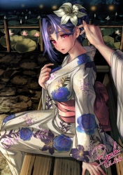 Rule 34 | 1girl, 2016, artist name, bench, breasts, crescent, crescent facial mark, dated, facial mark, floral print, flower, hair flower, hair ornament, tucking hair, half updo, hand on own chest, highres, japanese clothes, kimono, large breasts, lily (flower), looking at viewer, lotus, obi, original, outstretched arm, parted bangs, parted lips, pov, purple hair, red eyes, ryuki@maguro-ex, sash, signature, sitting, solo focus, water, yukata