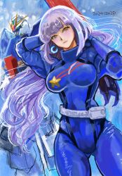 1girl aeug belt blush breasts brown_eyes cleavage dated gluteal_fold gundam gundam_zz highres jewelry long_hair looking_at_viewer mecha mecha_pilot_suit medium_breasts mobile_suit okrdisk2000 purple_hair robot roux_louka science_fiction shield smile v-fin zeta_gundam_(mobile_suit)