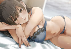 Rule 34 | 1girl, :d, bed sheet, black hair, blue bra, blue panties, blurry, blurry background, bra, breasts, brown eyes, crossed arms, ear piercing, indoors, konata (kankin jk), lace, lace-trimmed bra, lace trim, large breasts, long hair, looking at viewer, lying, mishiranu joshikousei ni kankin sareta mangaka no hanashi, navel, on side, open mouth, panties, parted lips, piercing, ryouma (galley), smile, solo, stomach, underwear, underwear only