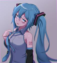 Rule 34 | 1girl, blue eyes, blue hair, chromatic aberration, detached sleeves, hatsune miku, highres, kumada gaon, looking at viewer, necktie, simple background, sleeveless, solo, upper body, vocaloid