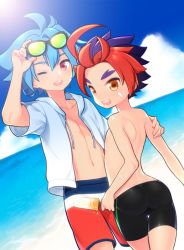 Rule 34 | 10s, 2boys, ass, bike shorts, blue hair, blue sky, cloud, day, dutch angle, eyebrows, food, forked eyebrows, future card buddyfight, horizon, looking at viewer, male focus, mikado gaou, multicolored hair, multiple boys, one eye closed, open mouth, outdoors, popsicle, purple hair, red eyes, red hair, ryuuenji tasuku, skin tight, sky, sunglasses, thigh gap, tooru, two-tone hair, water, yellow eyes